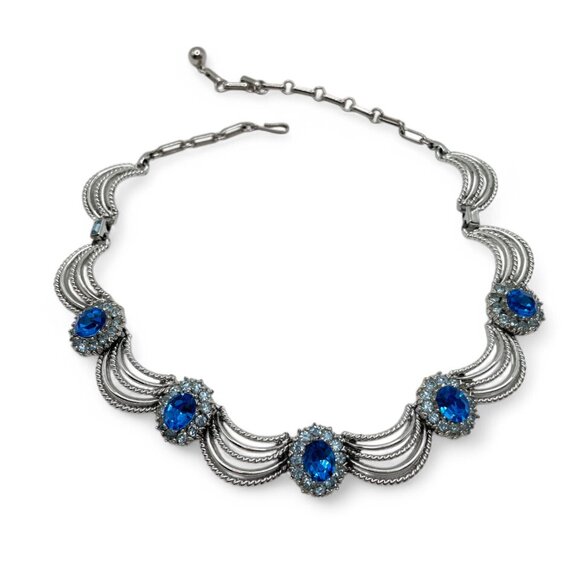 Vintage CORO LA REINE Blue Rhinestone Silver Tone Necklace Book Piece 1955 - Picture 6 of 9